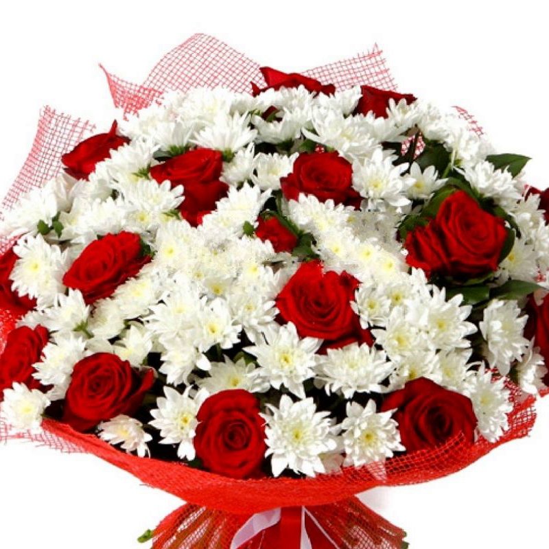Букет из роз и хризантем "Яблоки на снегу" ( большой )